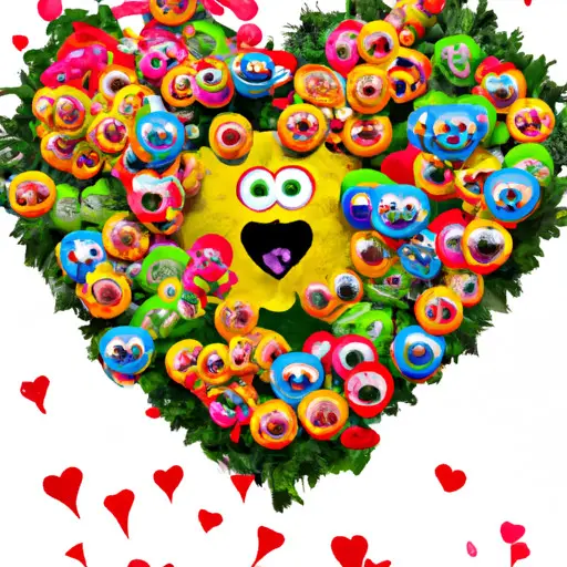 An image showcasing a vibrant heart-shaped emoji bouquet, bursting with affectionate emojis like heart eyes, blowing a kiss, and hugging face, evoking a delightful symphony of love messages