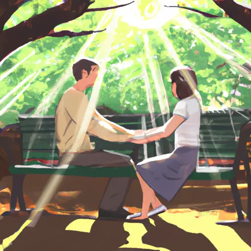 An image of two people sitting on a park bench, facing each other