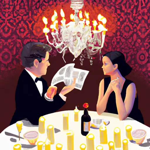 An image depicting a luxurious candlelit dinner in an opulent restaurant, adorned with crystal chandeliers, where a couple romantically gazes at each other while a waiter presents a bill with an eye-popping price tag