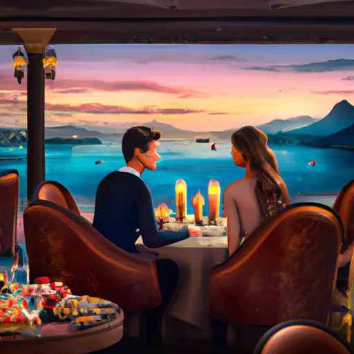 An image of a couple sitting at a lavish candlelit table, surrounded by opulent decor and a picturesque view, engrossed in a genuine conversation, capturing the essence of a luxurious and unparalleled dating experience