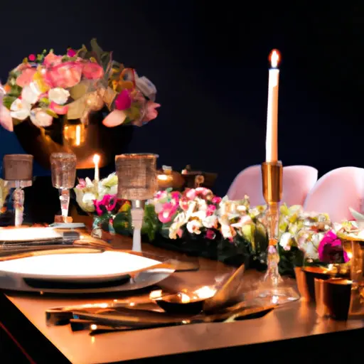 An image showcasing a lavish candlelit dinner table for two, adorned with gold-plated cutlery, crystal glasses, and an exquisite flower arrangement, illustrating the opulence of the most expensive dating website