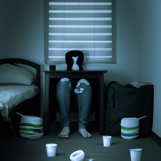 An image that captures the essence of emotional drainage from a roommate: a weary figure sitting alone in a dimly lit room, surrounded by scattered tissues, empty coffee cups, and a heavy atmosphere