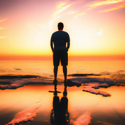 An image showcasing a serene beach sunset, with a silhouette of a person standing triumphantly at the water's edge, symbolizing resilience