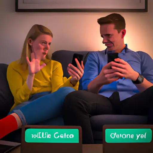 An image showcasing a couple sitting on a couch, their faces illuminated by their phones