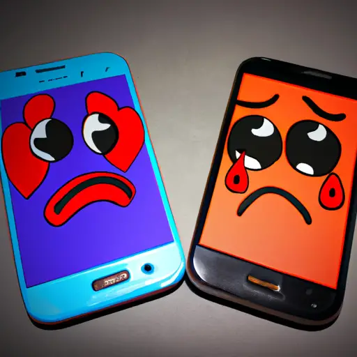 An image depicting two smartphones side by side, one with a broken heart emoji and the other with a shocked face emoji, symbolizing the betrayal of recently used emojis in a relationship
