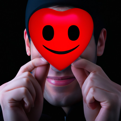 An image of a man holding a red heart emoji close to his chest, his eyes reflecting warmth and tenderness