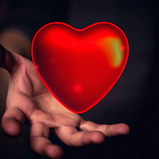 An image featuring a close-up of a guy's hand delicately holding a vibrant red heart emoji