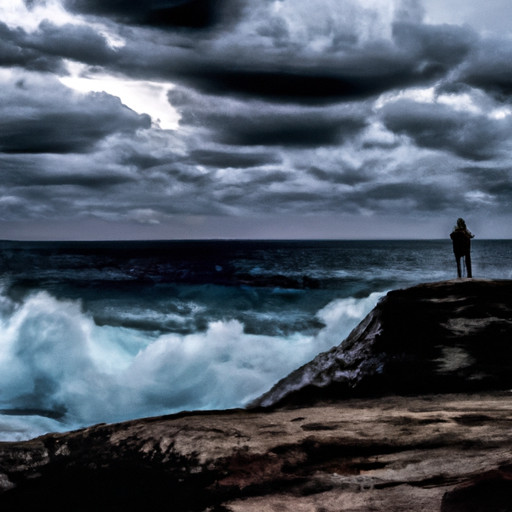 An image of a stormy ocean at sunset, with dark clouds looming above and crashing waves below