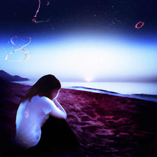 An image showcasing a devastated woman sitting alone on a desolate beach at twilight, her tear-stained face reflecting the fading light, as a distant Scorpio constellation glimmers above, symbolizing the emotional withdrawal and silent treatment of a Scorpio man