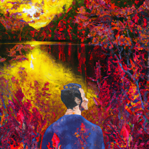 An image depicting a solitary figure standing at the edge of a serene lake, surrounded by vibrant autumn foliage