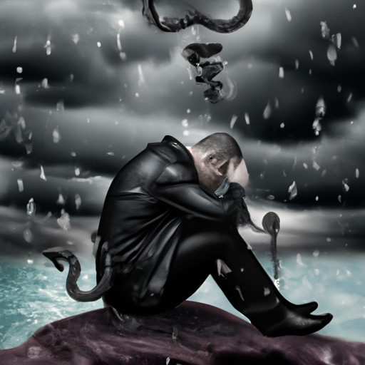 An image capturing the raw emotions of a Scorpio man after a breakup: a solitary figure sitting under a stormy sky, raindrops merging with his tears as he clutches a broken heart necklace