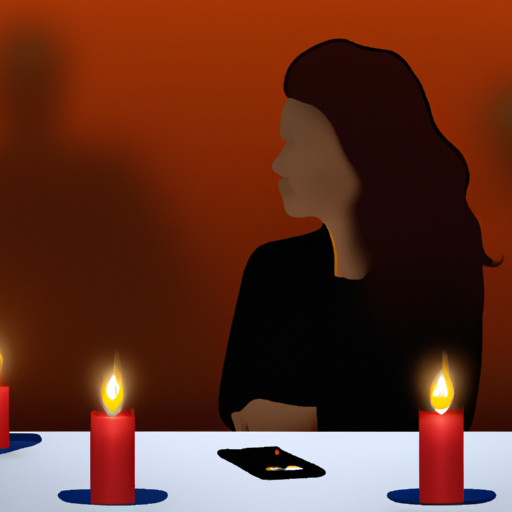 An image that portrays a woman sitting alone at a candlelit dinner table, glancing at her phone anxiously while her partner's silhouette fades away in the background, hinting at the signs of being a side chick