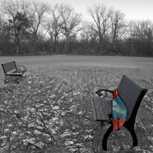 An image of a desolate park bench under a gloomy winter sky, with leaves scattered on the ground and a forsaken scarf hanging on one side