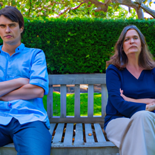 An image showcasing a Capricorn man's disinterest by portraying a couple sitting side by side on a park bench, with noticeable space between them