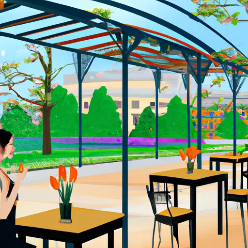 An image showcasing a vibrant city park with a charming café, where a confident single woman sits at an outdoor table, engrossed in conversation with a potential partner, surrounded by blooming flowers and radiant sunlight