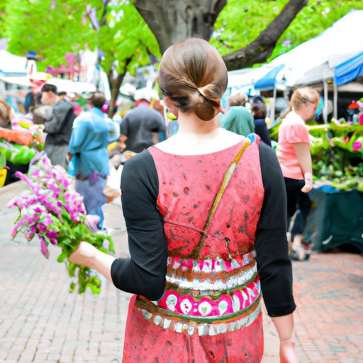 An image capturing a single woman joyfully exploring a colorful farmers market, sampling fresh produce, browsing vibrant bouquets, and engaging in lively conversations with local vendors, radiating a sense of freedom, empowerment, and self-discovery