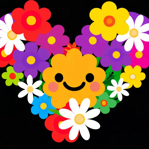 An image showcasing a vibrant bouquet of flowers, arranged in the shape of popular thinking of you emojis such as a smiling face with hearts, a hugging face, and a bouquet of flowers