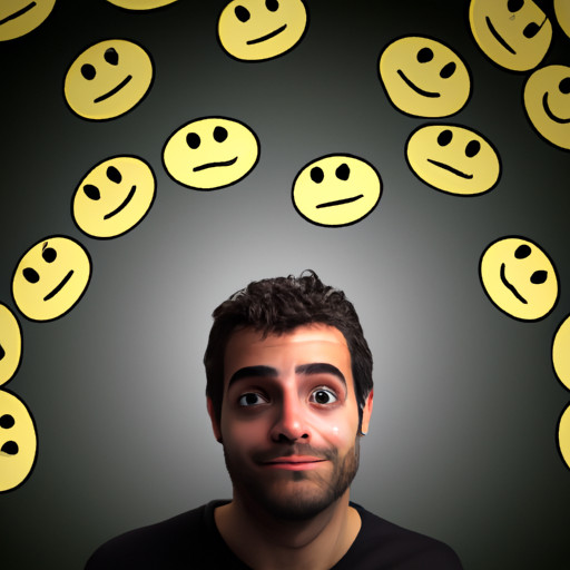 An image of a guy wearing a perplexed expression, surrounded by vibrant upside down smiley faces