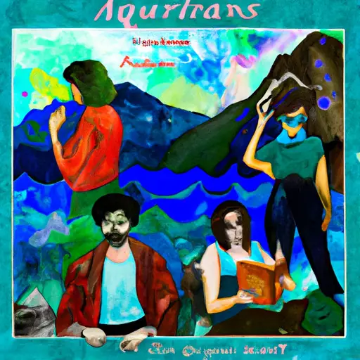 An image showcasing three distinct Aquarius personalities: an adventurous Aquarius exploring nature with a Sagittarius, an intellectual Aquarius engaged in deep conversation with a Gemini, and a creative Aquarius collaborating with a Pisces on an artistic project