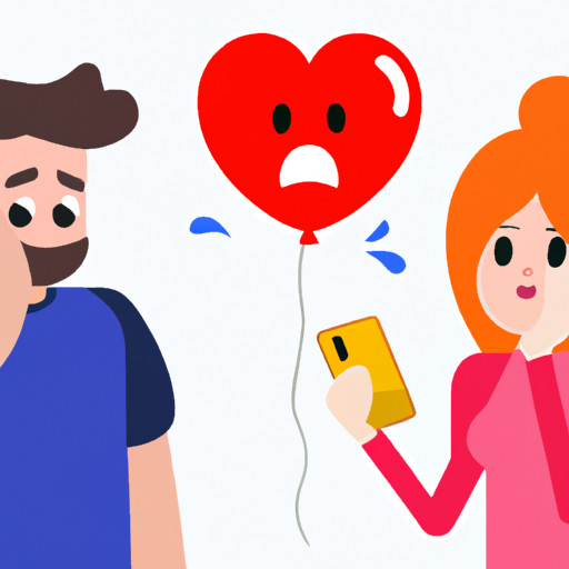 An image featuring a perplexed guy holding a red heart-shaped balloon, while a girl stands nearby with a mischievous smile, holding a smartphone displaying a red heart emoji