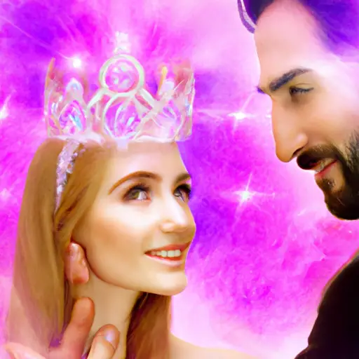 An image of a man handing a delicate, jeweled crown to a blushing woman, surrounded by a soft, ethereal glow