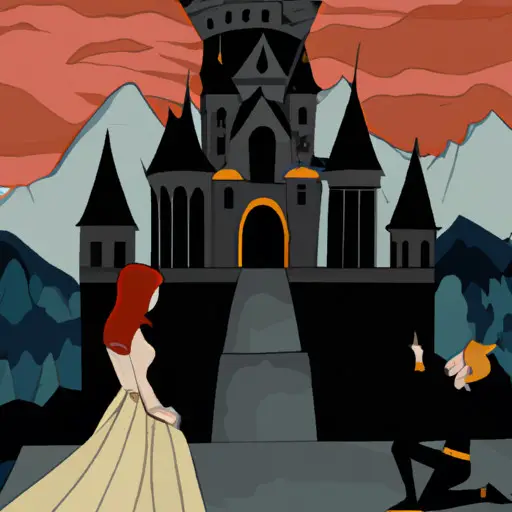 An image depicting a regal, medieval-style castle with a prince bowing down to a woman wearing a crown, exploring the cultural and historical power dynamics behind the term "princess