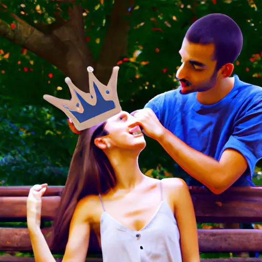An image depicting a couple sitting on a park bench, where the guy playfully places a delicate crown on the girl's head, her expression reflecting surprise and curiosity, while he looks at her with a mixture of admiration and tenderness