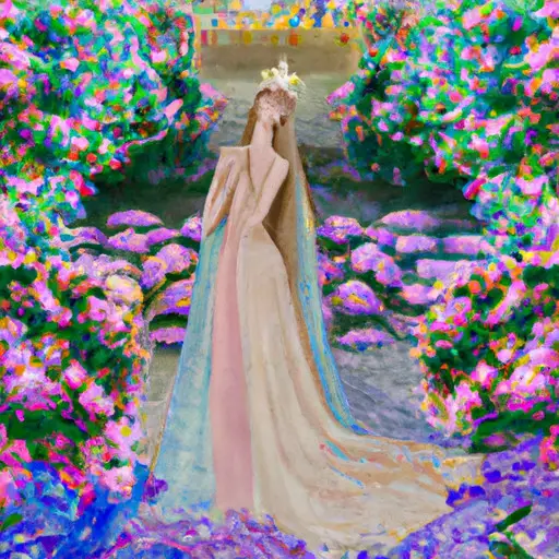 An image of a young woman wearing a flowing, pastel-colored dress, surrounded by a garden filled with blooming flowers