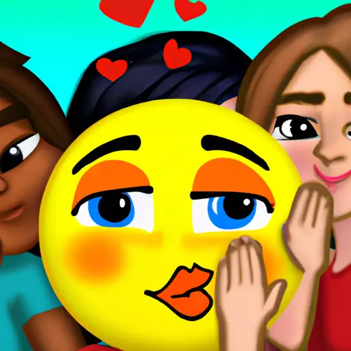 An image showcasing a group of friends laughing and hugging, while one person blows a kiss emoji towards another person blushing, reflecting the affectionate and playful use of the kiss emoji in social contexts