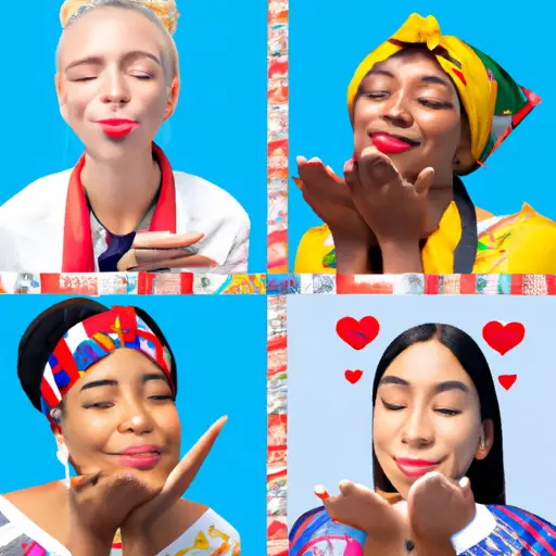 An image that portrays diverse individuals from various cultures, wearing traditional clothing, engaging in a friendly interaction while exchanging a kiss emoji