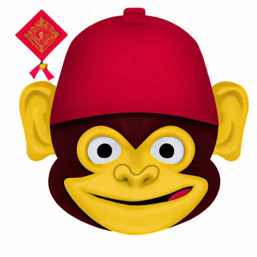  an image of a monkey emoji wearing a traditional Chinese hat, surrounded by vibrant red and gold decorations symbolizing luck and prosperity