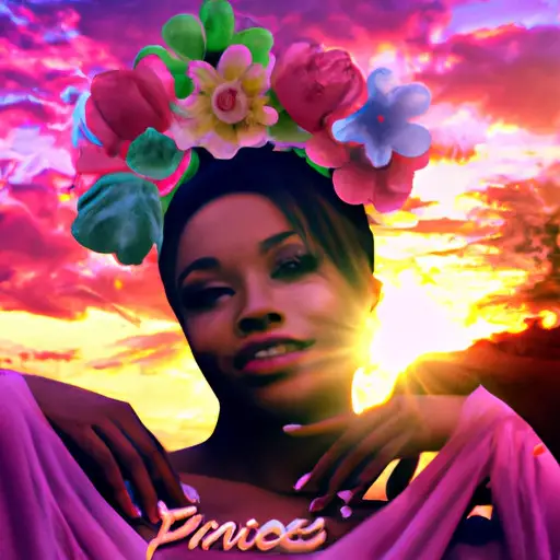 An image that captures the essence of a guy calling you "princess" by illustrating a confident woman wearing a crown, radiating elegance and strength, amidst a backdrop of vibrant flowers and a majestic sunset
