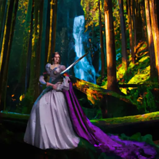 An image featuring a woman wearing a flowing, vibrant gown, standing tall in a sunlit forest