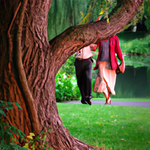 An image capturing an idyllic park scene; a couple walks hand in hand, oblivious to the vibrant woman hiding behind a tree, exuding allure and secrecy, embodying the essence of a clandestine rendezvous