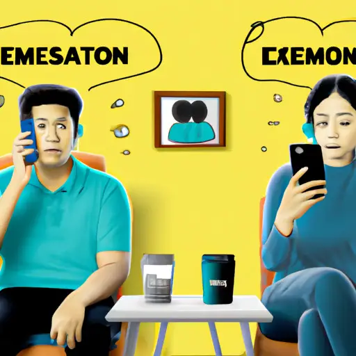 An image depicting two individuals sitting in separate rooms, holding phones, with their facial expressions conveying a mix of emotions such as sadness, frustration, and calmness, symbolizing the complexities and challenges of managing emotions during weekly calls with an ex