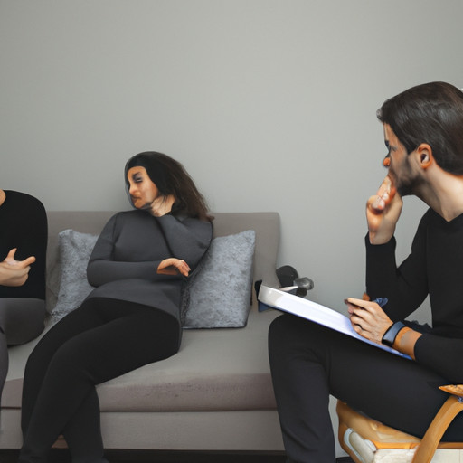 An image showing a demisexual individual and a normal partner sitting side by side on a cozy couch, surrounded by a warm and inviting therapy room, as they engage in a deep conversation with a compassionate therapist