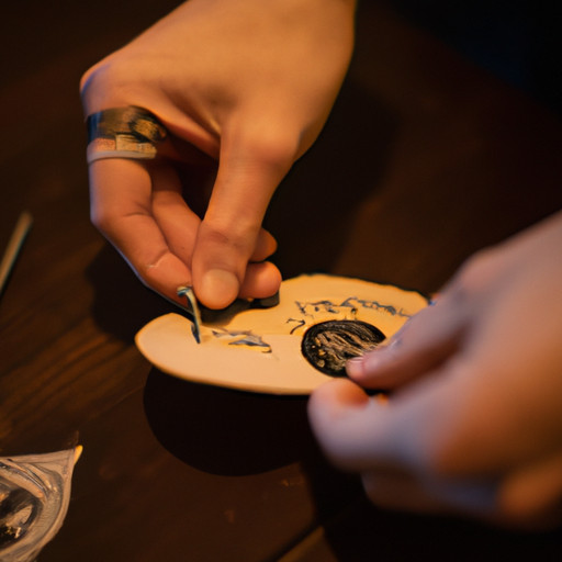 An image of a musician's hands meticulously crafting unique DIY merchandise, such as custom guitar picks, engraved drumsticks, and hand-stitched patches, showcasing their creativity and passion for music