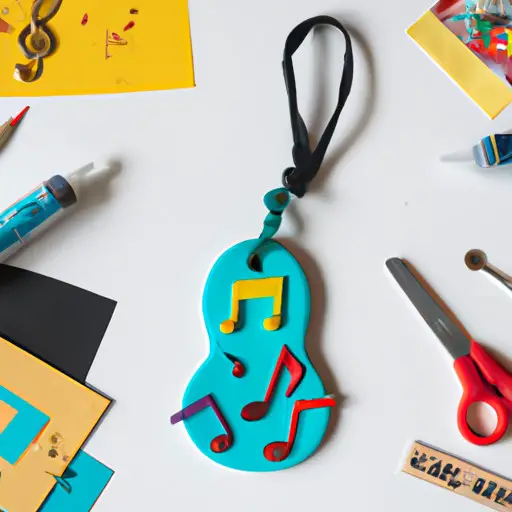 An image of a colorful, handmade guitar-shaped keychain with miniature music notes hanging from it