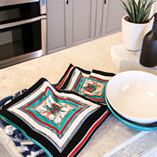 An image showcasing a stylish kitchen countertop adorned with vibrant, patterned ceramic canisters, a sleek stainless steel knife set, and a cozy corner of the living room featuring a chic throw blanket and elegant decorative pillows
