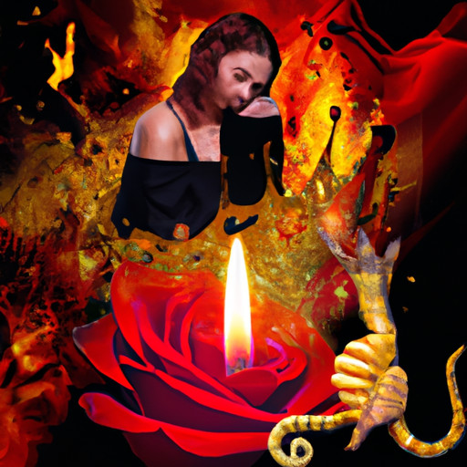 An image showcasing a Scorpio woman engulfed in a vibrant, fiery aura, surrounded by symbols of intensity and passion like a scorpion, a red rose dripping with desire, and a smoldering candle
