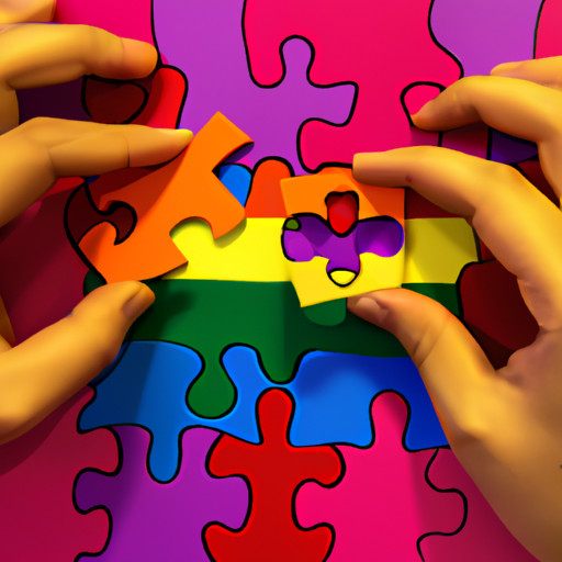 An image depicting a colorful LGBTQ+ flag with a heart-shaped puzzle piece in the center, symbolizing demisexuality