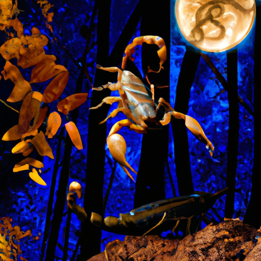 An image depicting a mysterious, moonlit forest where a scorpion, representing the Moon in Scorpio, stands alongside other zodiac symbols in a harmonious formation, symbolizing compatibility with each sign