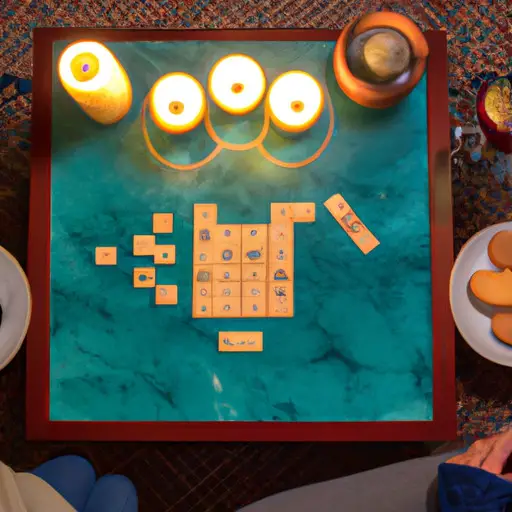 An image of a cozy living room illuminated by soft candlelight, with a couple engrossed in a friendly game of Scrabble, their faces lit up with laughter, while a delicious spread of snacks and drinks awaits on a nearby coffee table