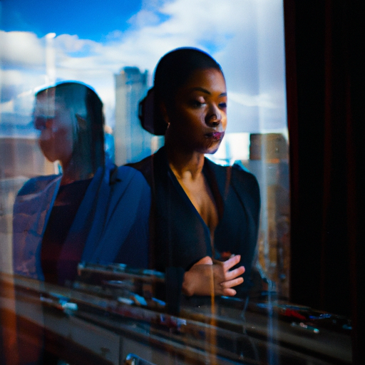 An image capturing a woman's reflection in a sleek office window, as she gazes at a city skyline