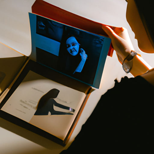 An image of a woman staring pensively at a photo album, her hand caressing a picture of her ex-lover
