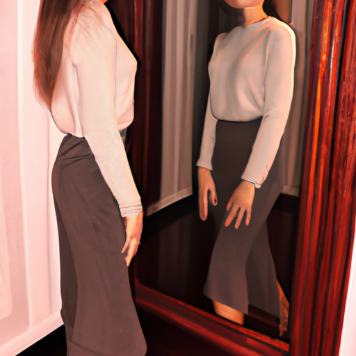 An image showcasing a woman standing in front of a full-length mirror, her reflection revealing her scrutinizing gaze as she subtly pinches her stomach, subtly highlighting her private body image concerns
