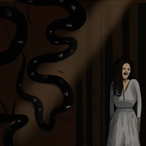 An image representing the hidden fears and phobias women keep from men: A woman standing alone in a dimly lit room, her face masked with a smile, while shadows of spiders, snakes, and heights loom in the background