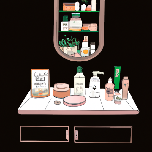 An image that captures the captivating allure of a dimly-lit bathroom, revealing a hushed atmosphere with shelves adorned by mysteriously labeled jars, a vanity table showcasing an array of concealed cosmetics, and a mirror reflecting a woman's clandestine beauty routine
