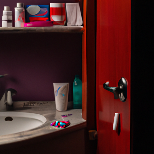 An image that captures the intimate vulnerability of women's private health concerns: a dimly lit bathroom with an open medicine cabinet revealing a cluttered array of prescription bottles, feminine hygiene products, and a hidden pregnancy test