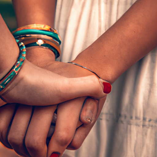 An image showcasing a close-up of two women's intertwined hands, one adorned with a subtle, fading friendship bracelet